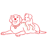 Ескіз дорослої собаки, що лежить з цуценям на спині
