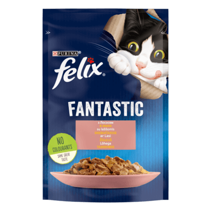 FELIX® FANTASTIC. З лососем. Шматочки у желе. Консервований порційний повнораціонний корм для дорослих котів.