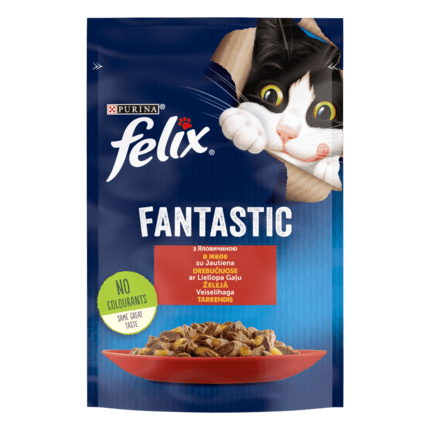 FELIX® FANTASTIC . З яловичиною в желе. Шматочки у желе. Консервований порційний повнораціонний корм для дорослих котів.