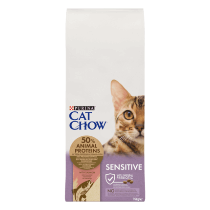 CAT CHOW® Сухий повнораціонний корм для дорослих котів із чутливою шкірою та травленням, з лососем.