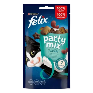 FELIX® PARTY MIX®. Океанічний Мікс. Додатковий сухий корм (ласощі) для дорослих котів зі смаком лосося, форелі та минтаю.