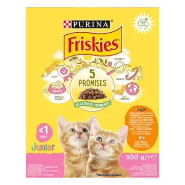 Friskies® Junior (Джуніор). З куркою, індичкою, молоком та овочами. Сухий повнораціонний корм для кошенят.
