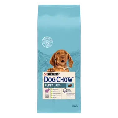 Dog Chow® сухий повнораціонний корм для цуценят віком до 1 року. Також підходить для вагітних та лактуючих собак, з ягням.