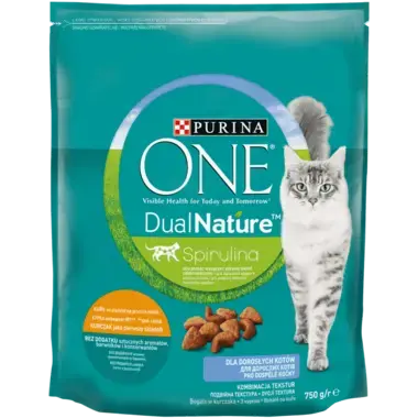 PURINA ONE® DualNature™ зі спіруліною. Сухий повнораціонний корм для дорослих котів з куркою.