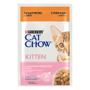 CAT CHOW® KITTEN Консервований порційний повнораціонний корм для кошенят, з індичкою та цукіні, ніжні шматочки в желе.