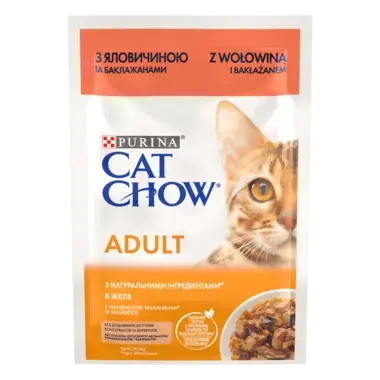 CAT CHOW® Консервований порційний повнораціонний корм для дорослих котів, з яловичиною та баклажанами, ніжні шматочки в желе.