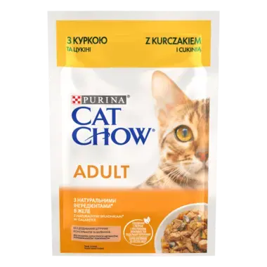 CAT CHOW® Консервований порційний повнораціонний корм для дорослих котів, з куркою та цукіні, ніжні шматочки в желе.