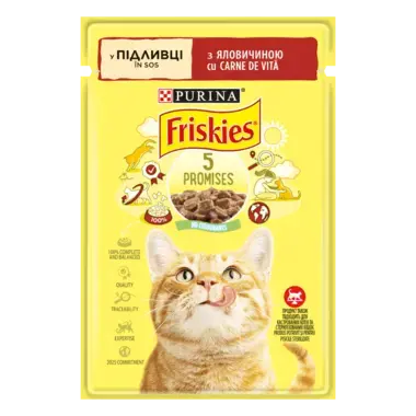 Friskies®. З яловичиною. Шматочки у підливці. Консервований порційний повнораціонний корм для дорослих котів.