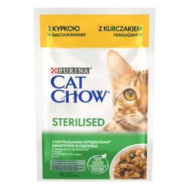 CAT CHOW® Консервований порційний повнораціонний корм для дорослих стерилізованих кішок/ кастрованих котів, з куркою та бакла