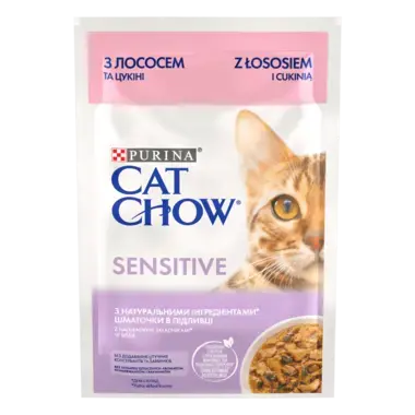 CAT CHOW® Консервований порційний повнораціонний корм для дорослих котів із чутливим травленням, з лососем та цукіні, шматочк