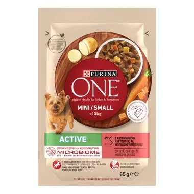 PURINA ONE® MINI/SMALL (МІНІ/СМОЛЛ). З яловичиною, картоплею та морквою у підливці. Консервований порційний повнораціонний ко