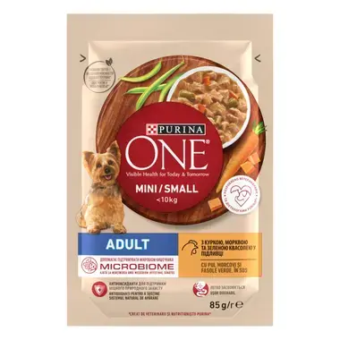 PURINA ONE® MINI/SMALL (МІНІ/СМОЛЛ). З куркою, морквою та зеленою квасолею у підливці. Консервований порційний повнораціонний